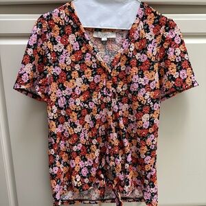 LOFT Floral Tie-Front Blouse - Pink, Orange, Black